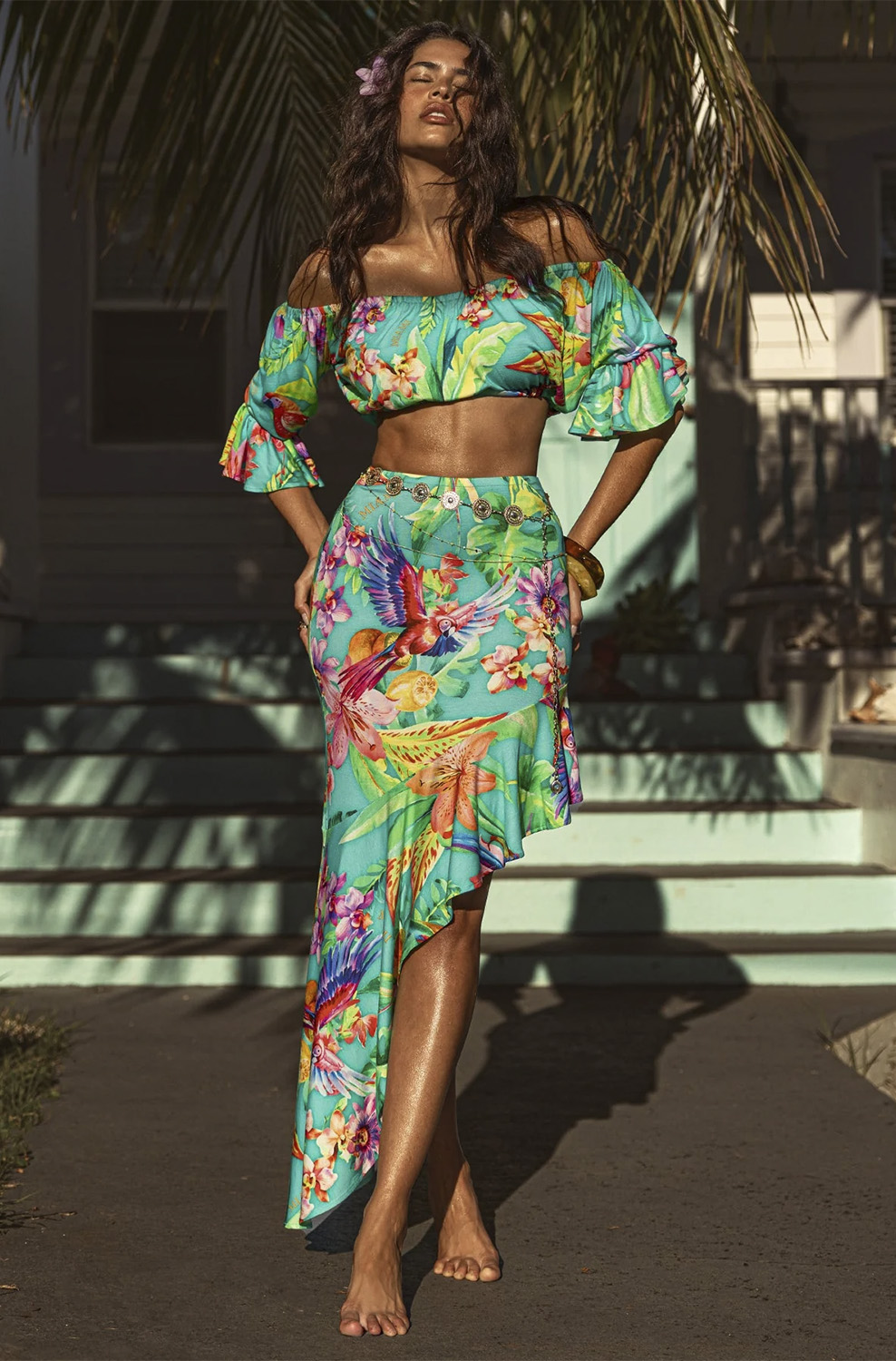 Топ Luli Fama Off The Shoulder 3/4 Ruffles Sleeve Crop Top - MixBikini