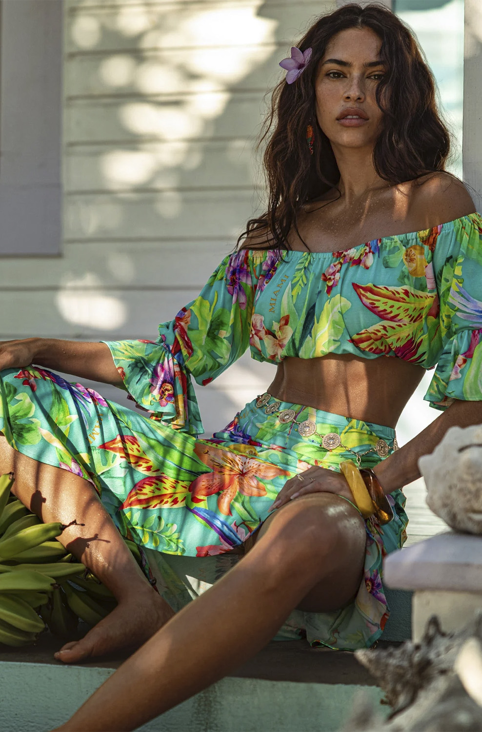 Топ Luli Fama Off The Shoulder 3/4 Ruffles Sleeve Crop Top - MixBikini